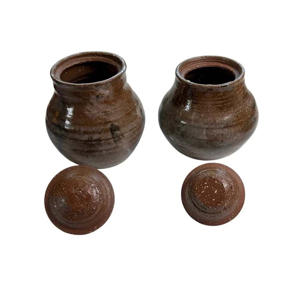 Vintage Studio Pottery Lidded Jars Set of 2 Brown Glazed Stoneware Canisters